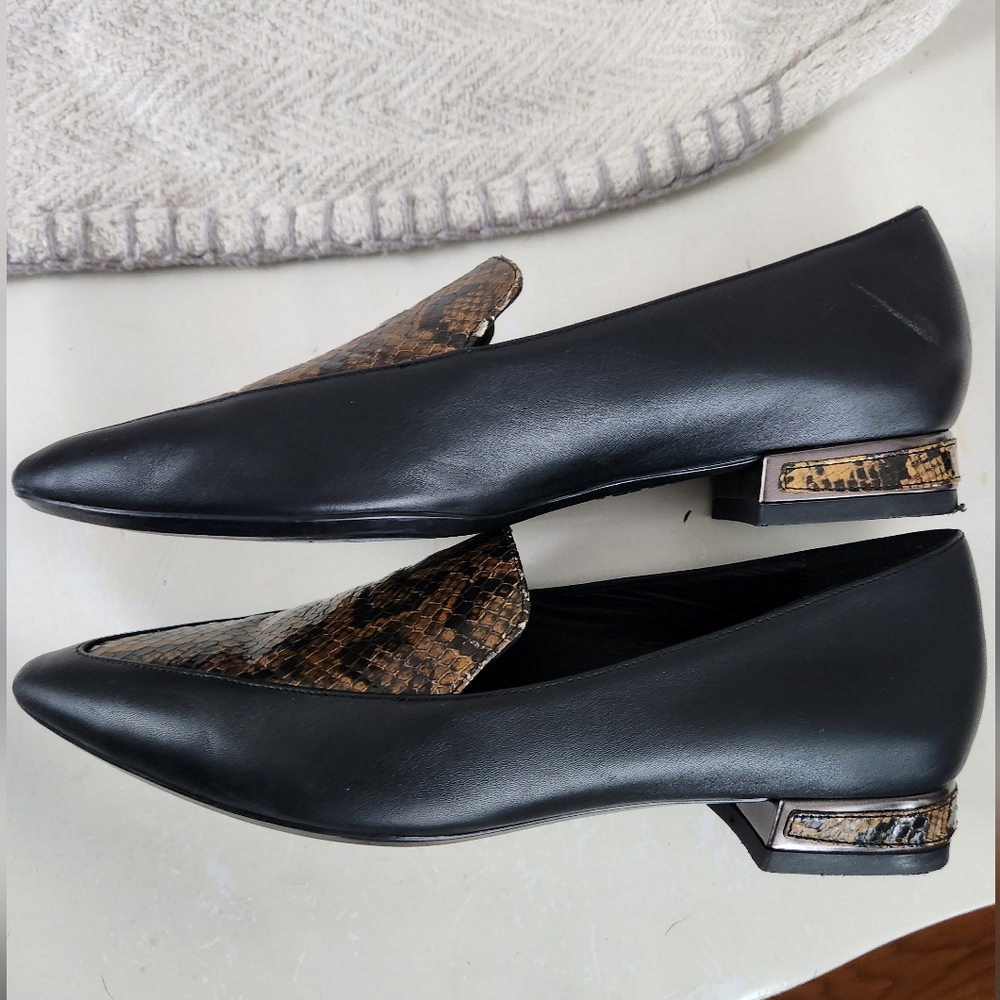 Aquatalia Black Loafer Flats with Brown Snake-Print Accent